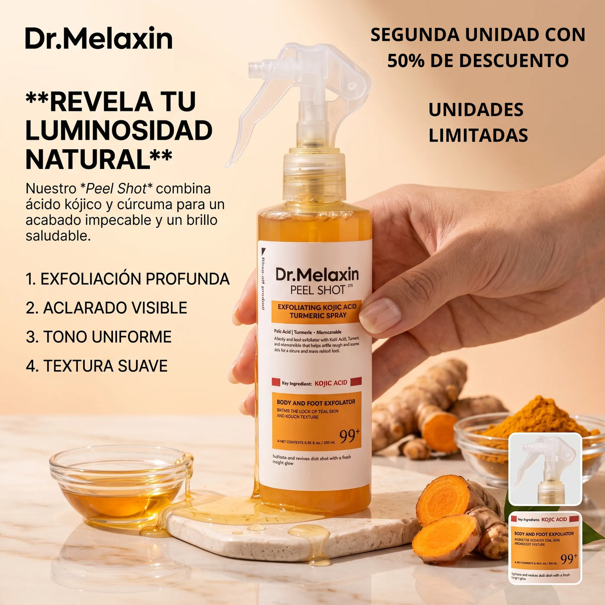 DR MELAXIN - Spray Exfoliante de Ácido Kójico y Cúrcuma